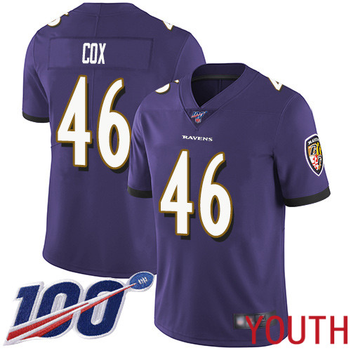 Baltimore Ravens Limited Purple Youth Morgan Cox Home Jersey NFL Football 46 100th Season Vapor Untouchable